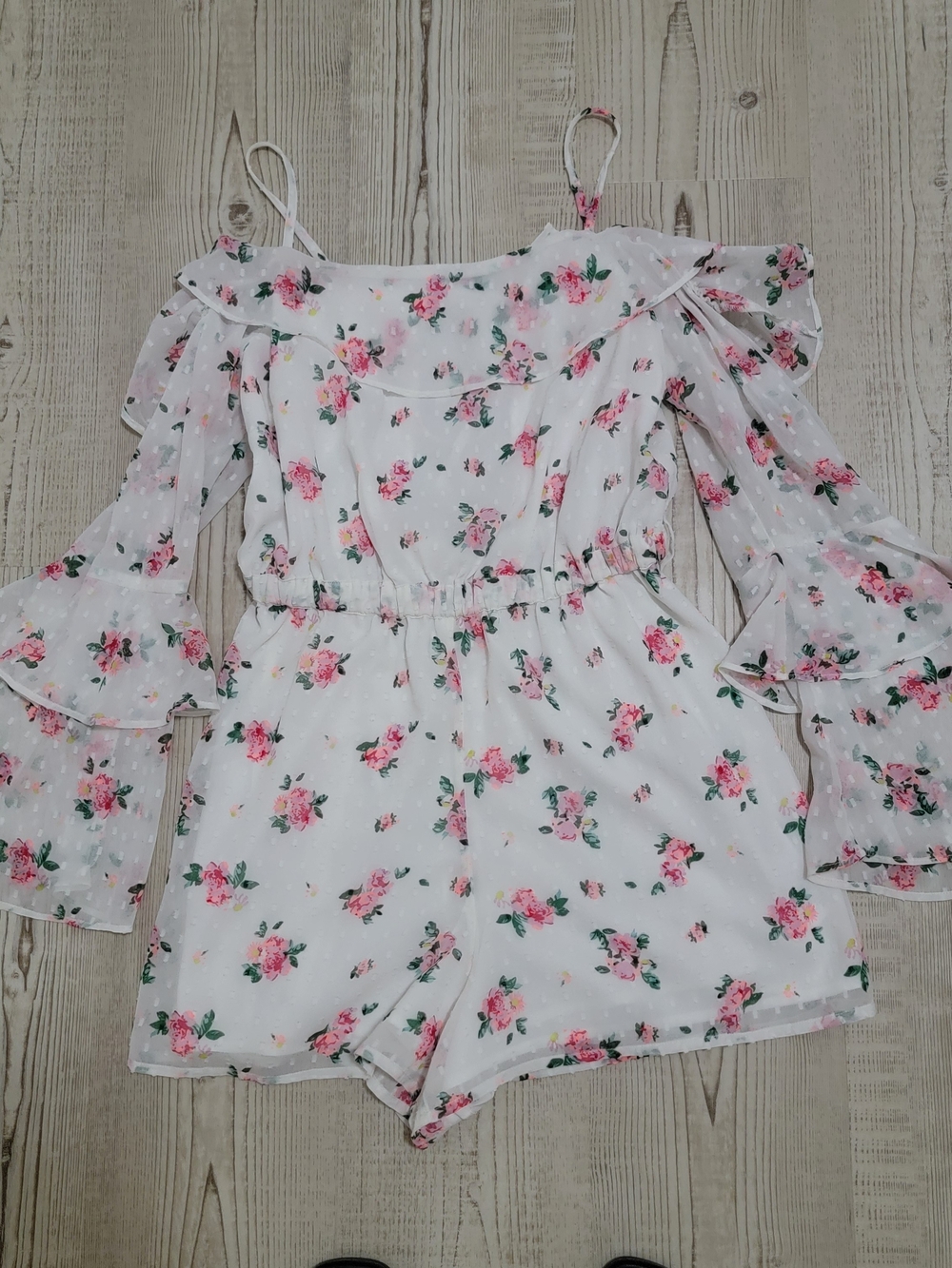 Topshop White Floral Cold Shoulder Swiss Dot Ruffle Romper with Pink Roses